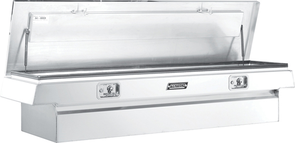 Aluminum pickup truck toolbox single lid open.