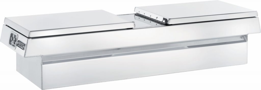 Polished Aluminum crossbody dual lid pickup truck toolbox.