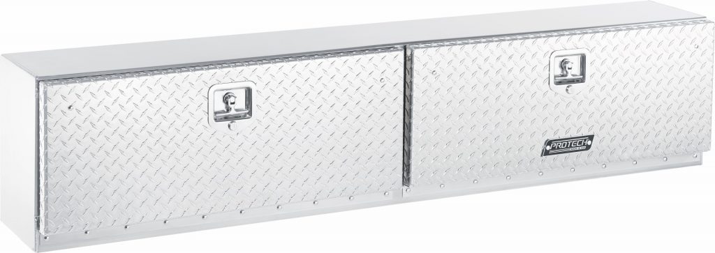 Rail box with dual dropdown diamond plate doors for pickup truck