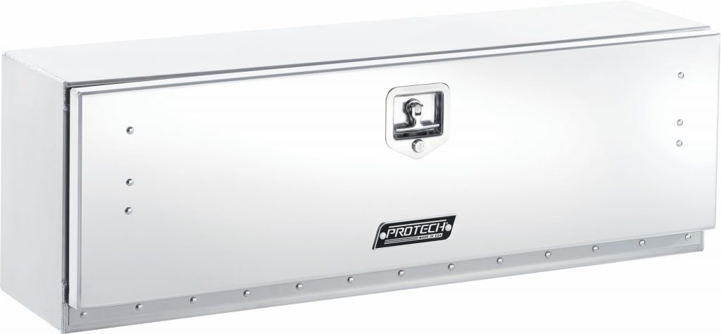 Rail box for pickup truck with drop down door polished aluminum.