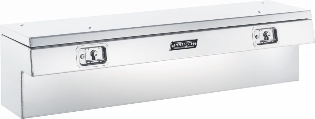 polished aluminum rail box with top open door for pickup truck