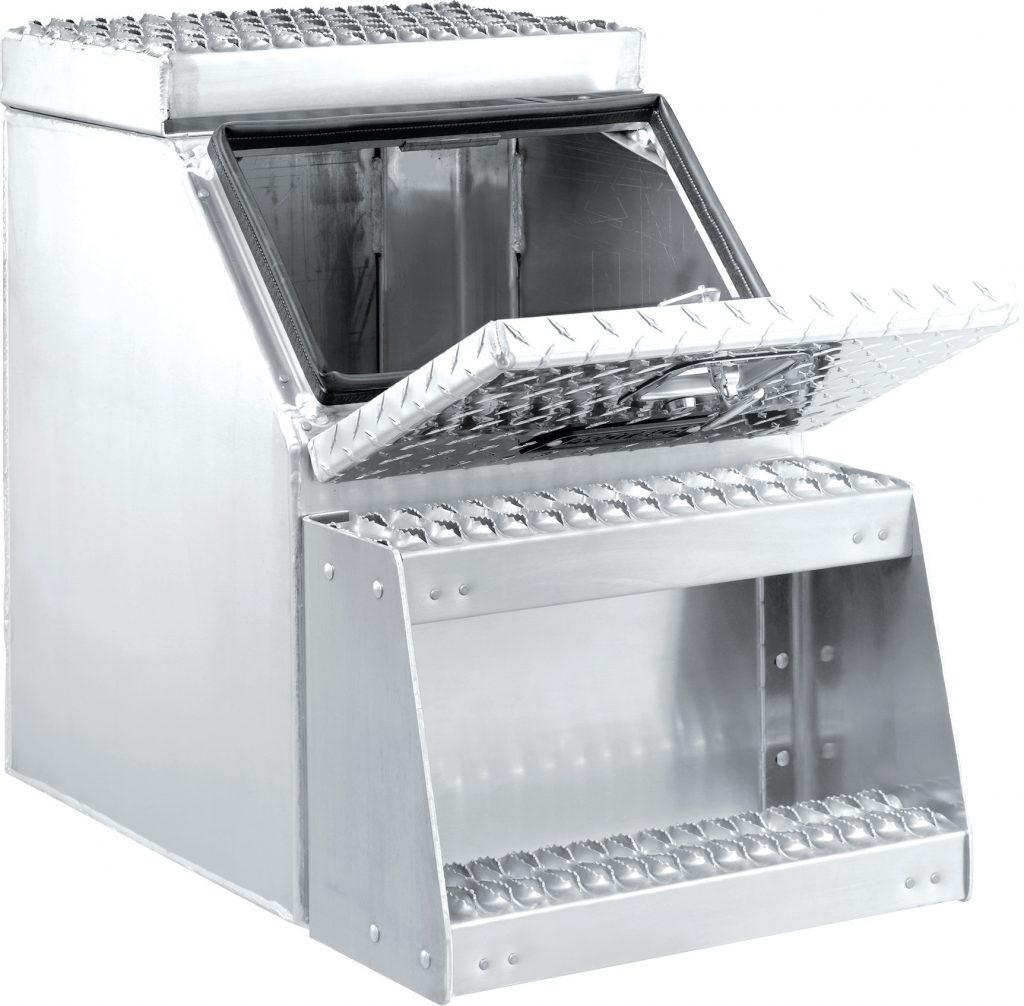Three step option storage step boxes for semi-trucks with open storage