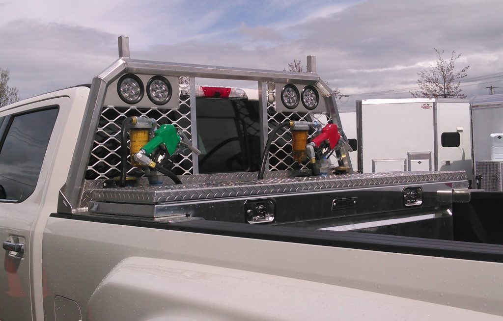 Aluminum crisscross mesh cab rack window cut with lights installed on truck