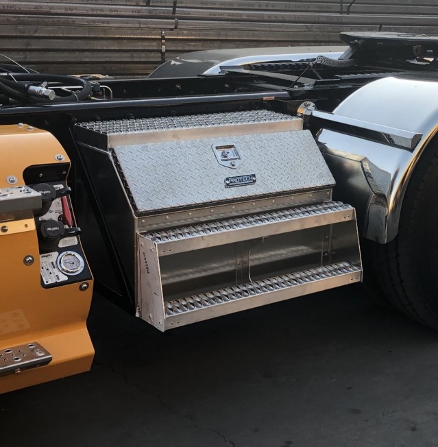 Storage step box installed on semi truck