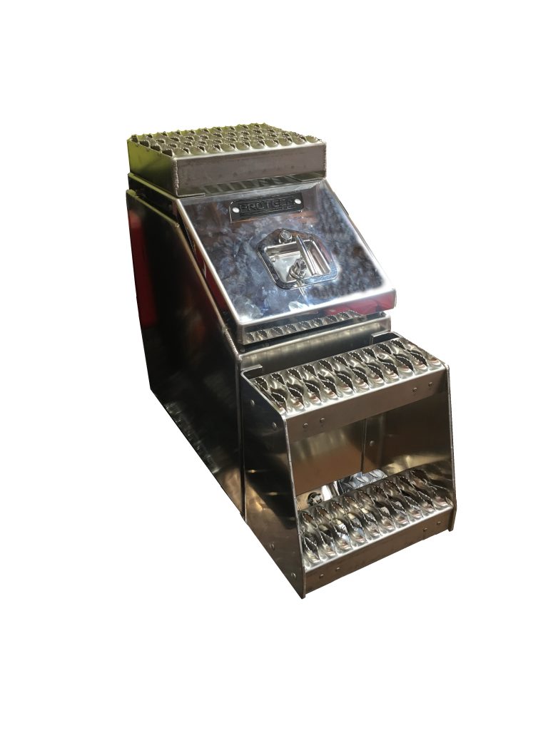 wide mount storage step box for semi-truck with optional polished aluminum door.