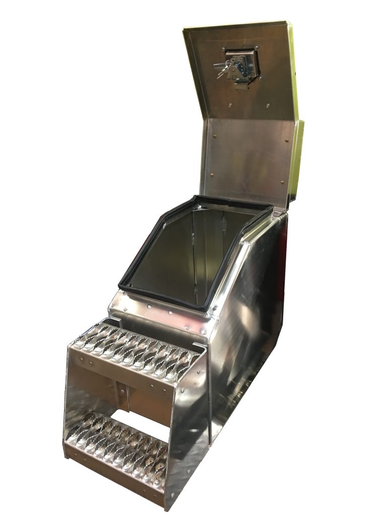 Wide mount storage step box for semi-trucks with storage door open