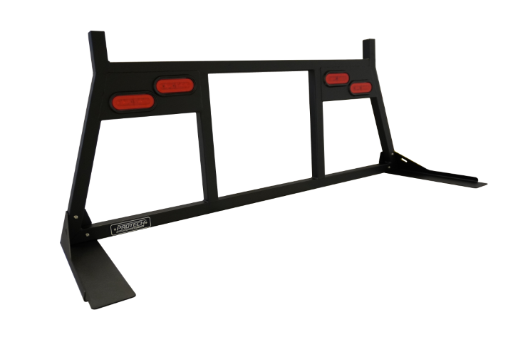 Steel cab rack with two inner vertical bars and lights with lumber stops