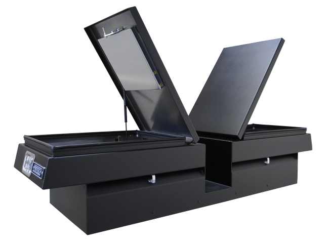 Powder coated aluminum gull wing black powered textured box with open lids side angle view.