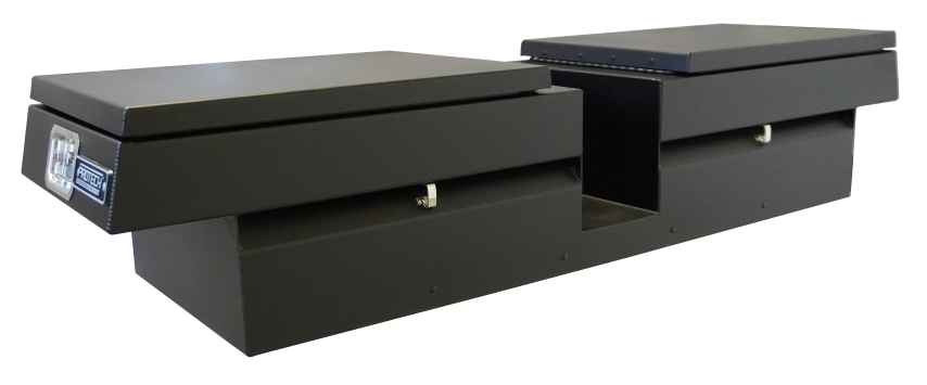 Powder coated aluminum gull wing black powered textured box with open lids closed angle view.